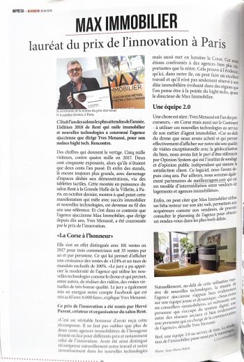 Article Impresa – MAX IMMOBILIER Lauréat du prix de l'innovation à Paris (octobre 2018)