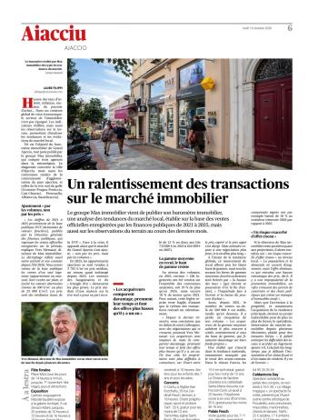 Article Corse-Matin – Un ralentissement des transactions sur le marché immobilier du Grand Ajaccio (octobre 2026)